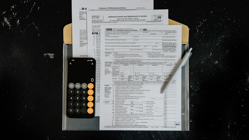 Tax forms, calculator, and pen arranged on a dark desk
