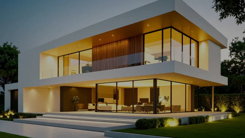 Modern house exterior glowing with warm lights at dusk