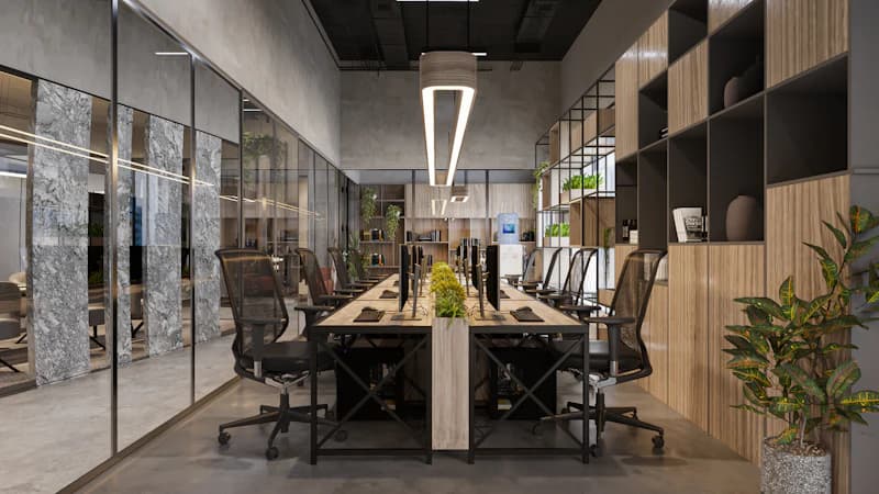 Modern conference room with a long table and chairs